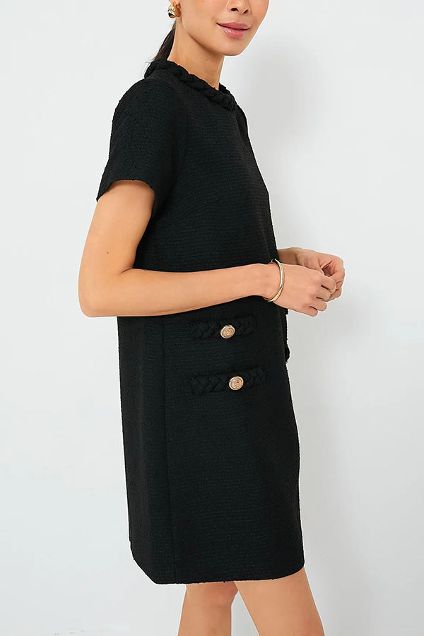 Tweed Braided Trim Crew Neck Button Welt Shift Mini Dress