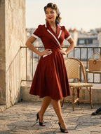 Contrast Trim Lapel Collar Double Pocket A Line Retro Tea Dress For Women 2026