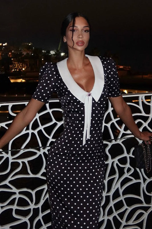 Polka Dot Oversized Collar Puff Sleeve Neck Tie Bodycon Midi Dress