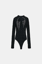 Anna Semi-sheer Lace Long Sleeve Back Bow Tie-up Cutout Stretch Bodysuit