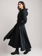 Woolen Flared Coat With Hood Vintage Belted A-line Winter Long Outerwear For Women 2026