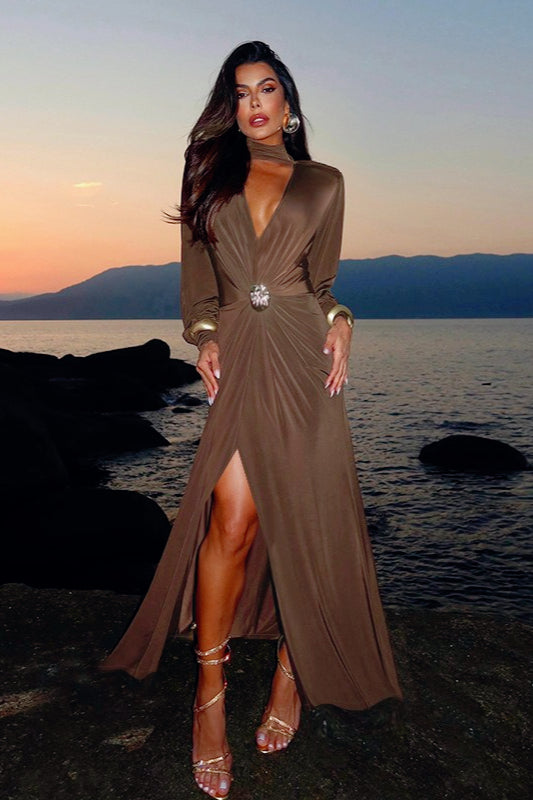Mock Neck Deep V-Neck Ruched Brooch Long Cuff Sleeve High Slit Maxi Gown