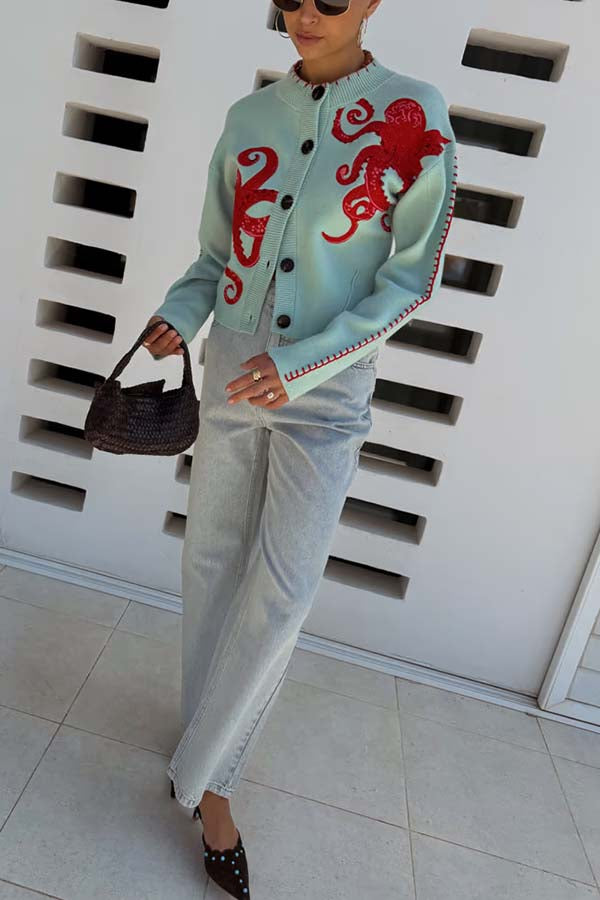 Coastal Fashion Knit Octopus Graphic Contrast Piping Button Up Loose Cardigan