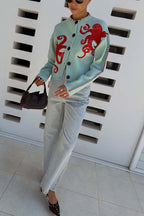 Coastal Fashion Knit Octopus Graphic Contrast Piping Button Up Loose Cardigan