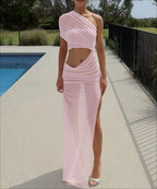 One Shoulder Ruched Mesh Crop Top High Slit Maxi Skirt Two Piece Set