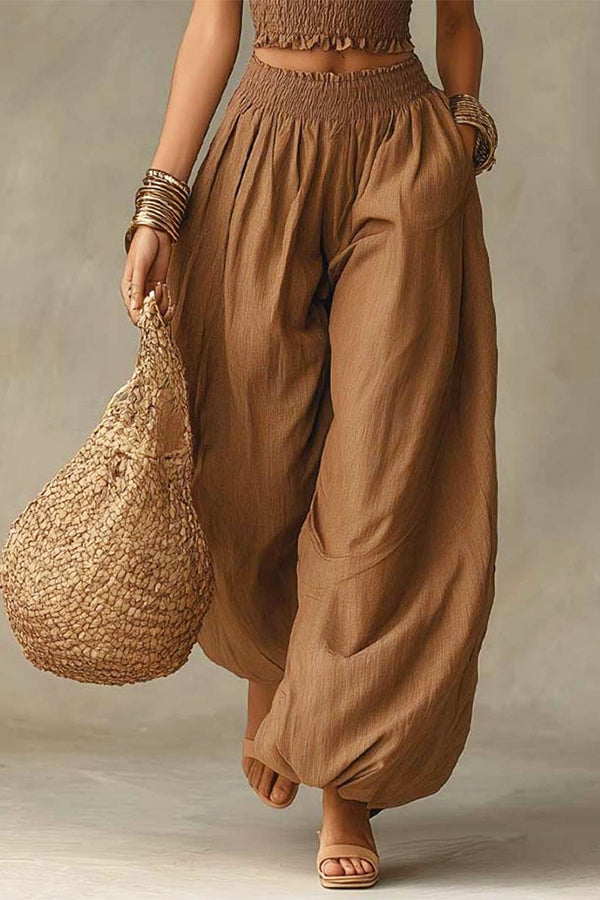 Olive Gypsy  pleated crop top and high-waisted wide-leg pants set