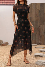 Gothic Dark Floral Print Short Sleeve Floral Dress