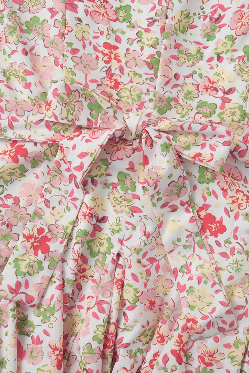Pink Peter Pan Collar Puff Sleeve Button Front Pleated Ruffle Hem Floral Print Mini Dress