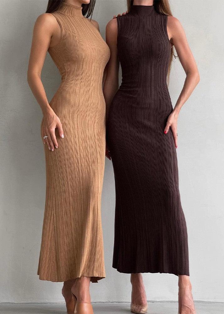 Mock Neck Ribbed Knit Sleeveless Bodycon Maxi Dress