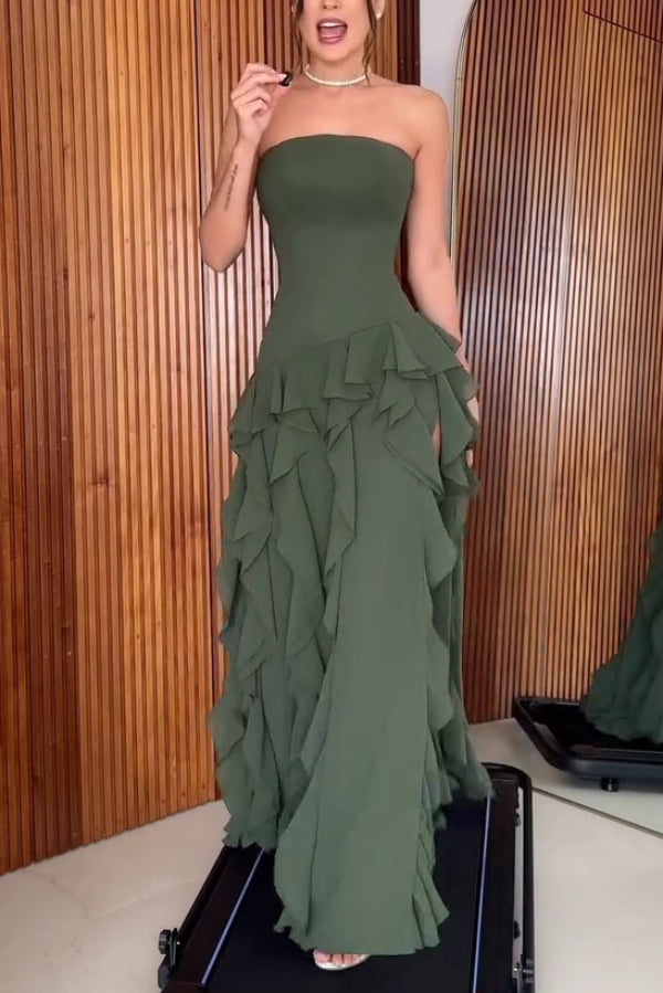 Elegant Sleeveless Off-shoulder Fitted Ruffled High Slit Maxi Dress