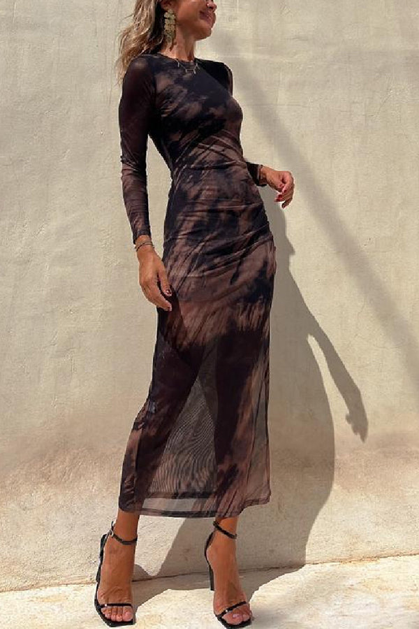 Abstract Tie Dye Print Ruched Side Slit Long Sleeve Midi Dress