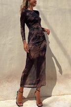 Abstract Tie Dye Print Ruched Side Slit Long Sleeve Midi Dress
