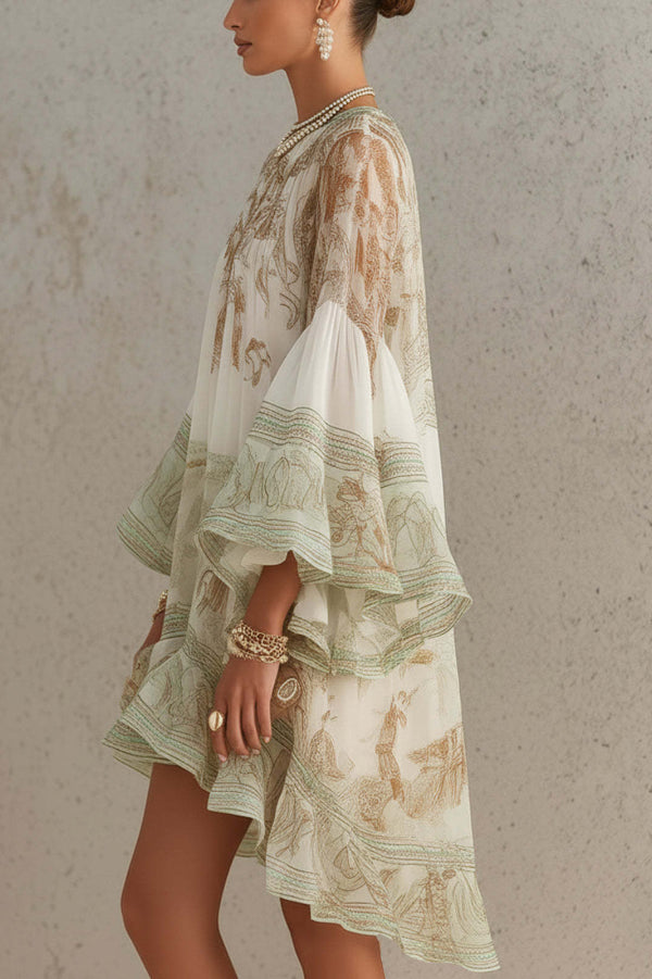 Mini Dress with Flared Sleeves and Printed Ruffles