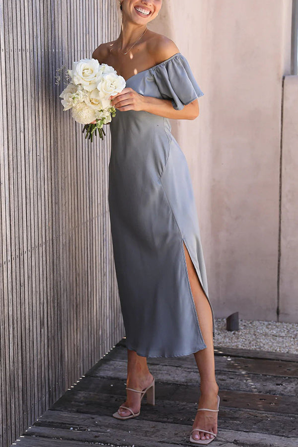 Satin Off Shoulder Flutter Sleeve Sweetheart Ruched Side Slit Midi Dress