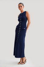 Ribbed Knit Button Front Crew Neck Pocket Bodycon Midi Dress