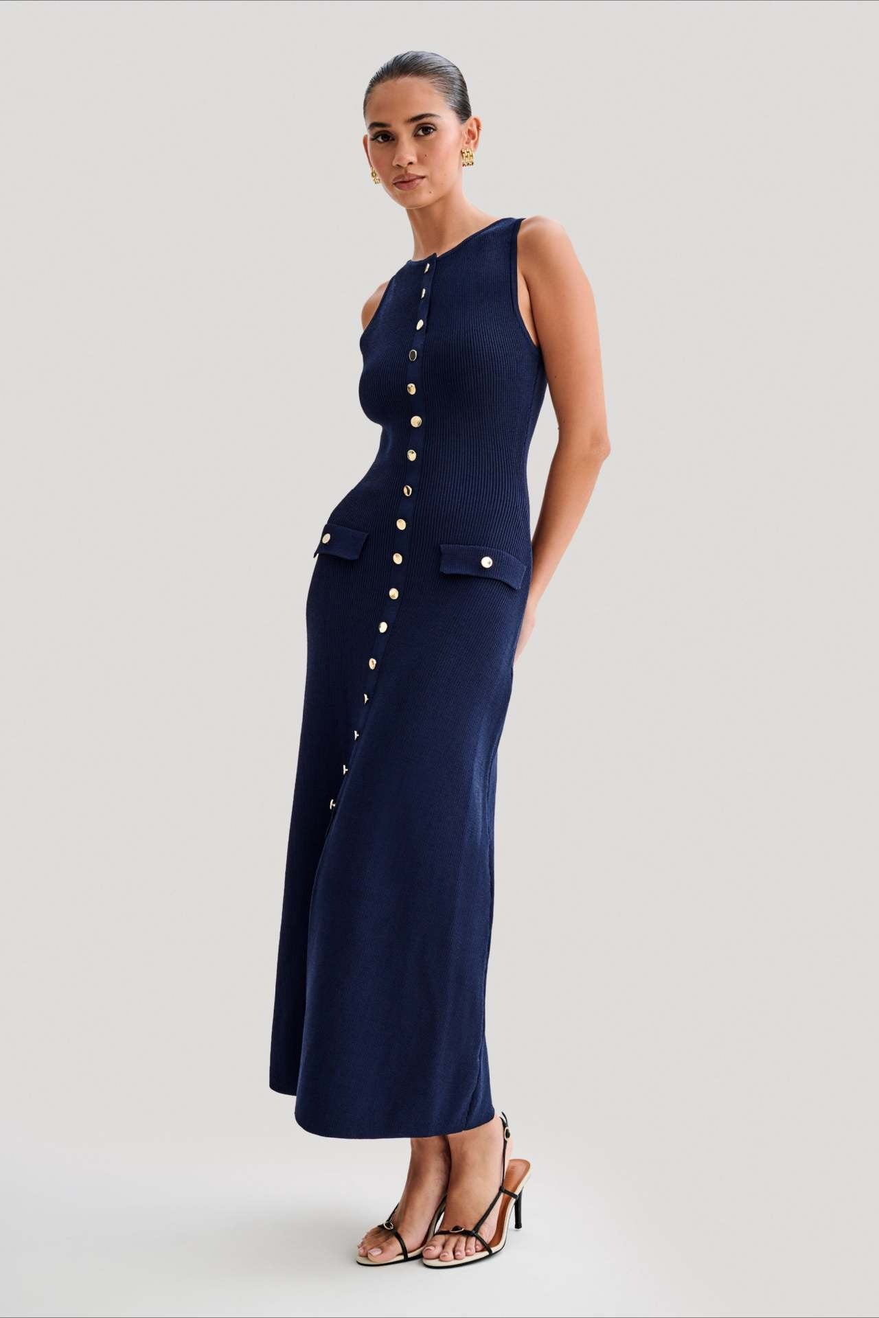 Ribbed Knit Button Front Crew Neck Pocket Bodycon Midi Dress