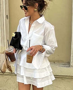 White Pockets Cascading Ruffle Office Two Piece Set