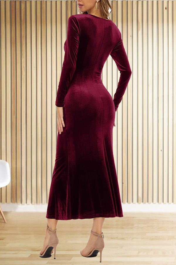 Velvet Wrap Deep V-Neck Ruched Side Long Sleeve Maxi Dress
