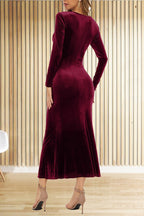 Velvet Wrap Deep V-Neck Ruched Side Long Sleeve Maxi Dress