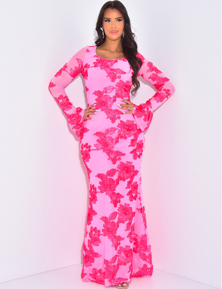 Scoop Neck Sheer Bell Sleeve Floral Sequin Embellished Mermaid Maxi Gown