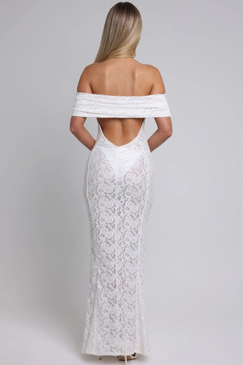 Floral Lace Off Shoulder Foldover Cuff Mermaid Maxi Dress