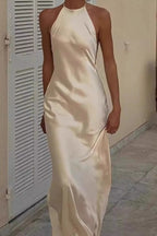 Satin Halter Neck Bias Cut Backless Slip Formal Maxi Dress