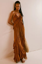 V-Neck Ruffled Spaghetti Strap Tiered Crinkle Texture Summer Maxi Dress