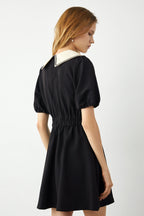 Contrast Scalloped Collar Puff Sleeve Patch Pocket Fit and Flare Mini Dress