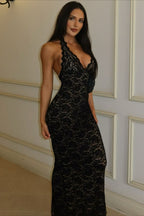 Floral Lace Halter Deep V Scalloped Trim Mermaid Maxi Dress
