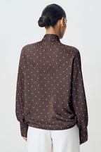 Polka Dot Collared Tie-Up Slim Chic Blouse