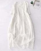Retro literary solid color V-neck ramie dress