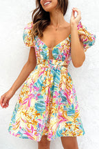Tropical Floral Puff Sleeve Waist Cut Out Keyhole Sweetheart Mini Dress