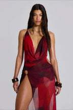 Red Plunging Cowl Neck Abstract Print Mesh Ring Detail High Slit Maxi Dress