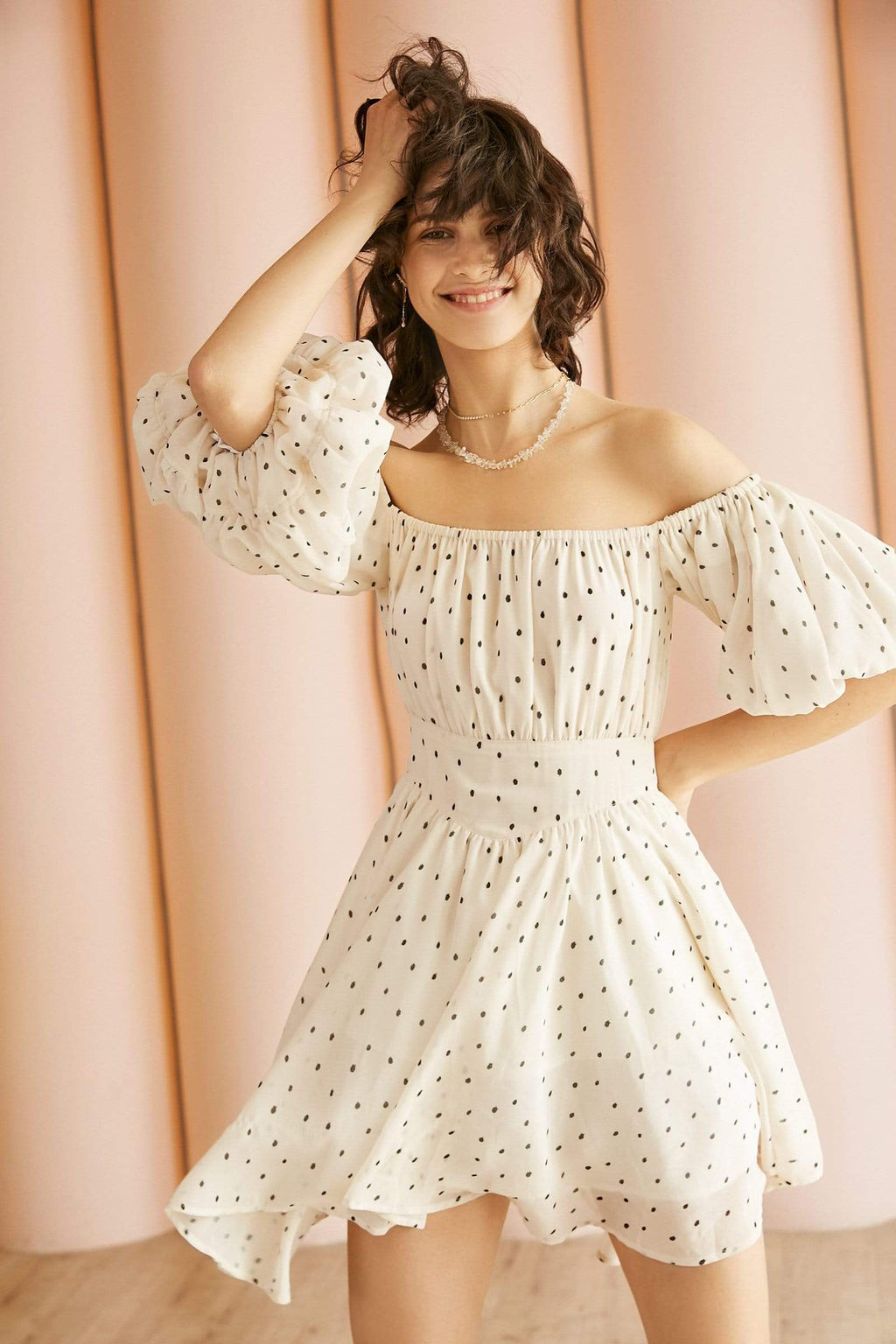 Off Shoulder Polka Dot Smocked Waist Puff Sleeve Ruffle Mini Dress