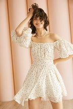 Off Shoulder Polka Dot Smocked Waist Puff Sleeve Ruffle Mini Dress