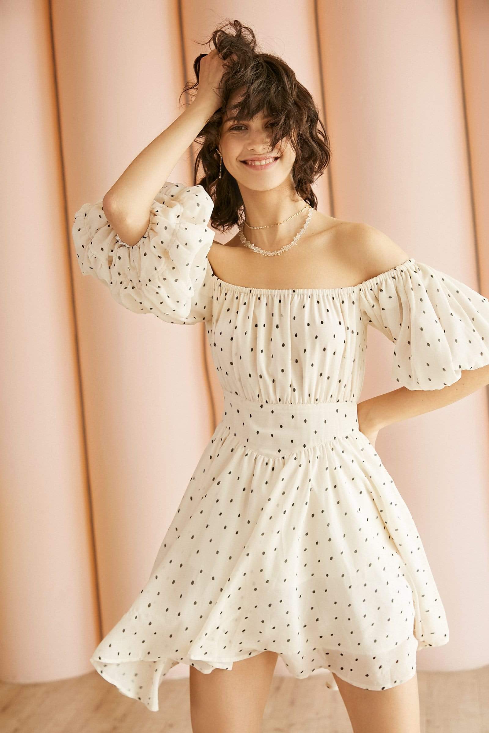 Off Shoulder Polka Dot Smocked Waist Puff Sleeve Ruffle Mini Dress