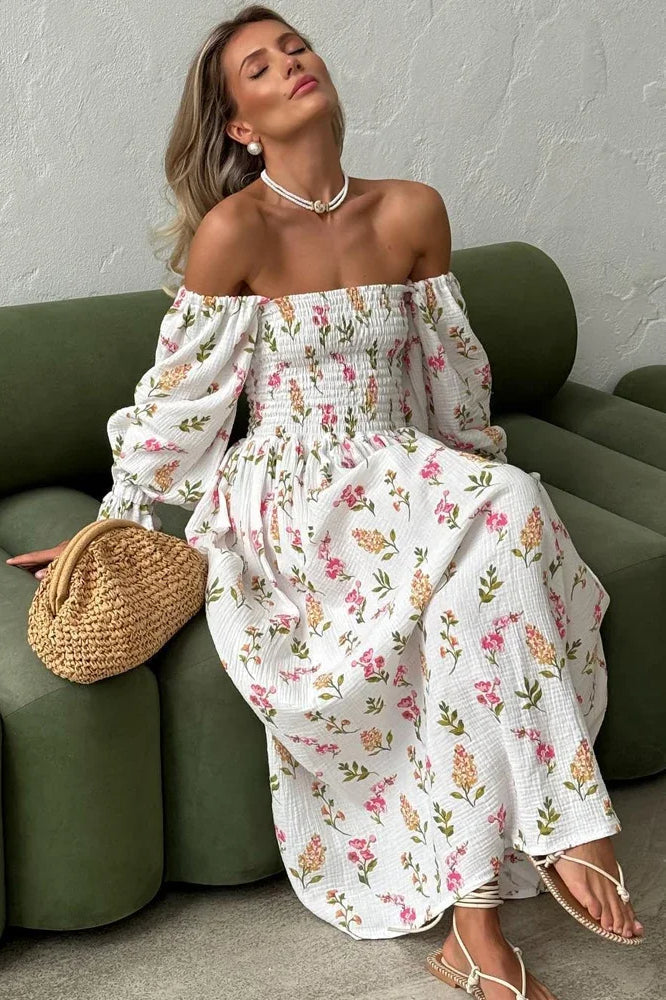 Floral Print Off Shoulder Smocked Puff Sleeve High Split Maxi Dress