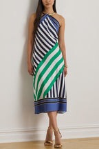 Striped Print Halter Neck Sleeveless Casual Midi Dress