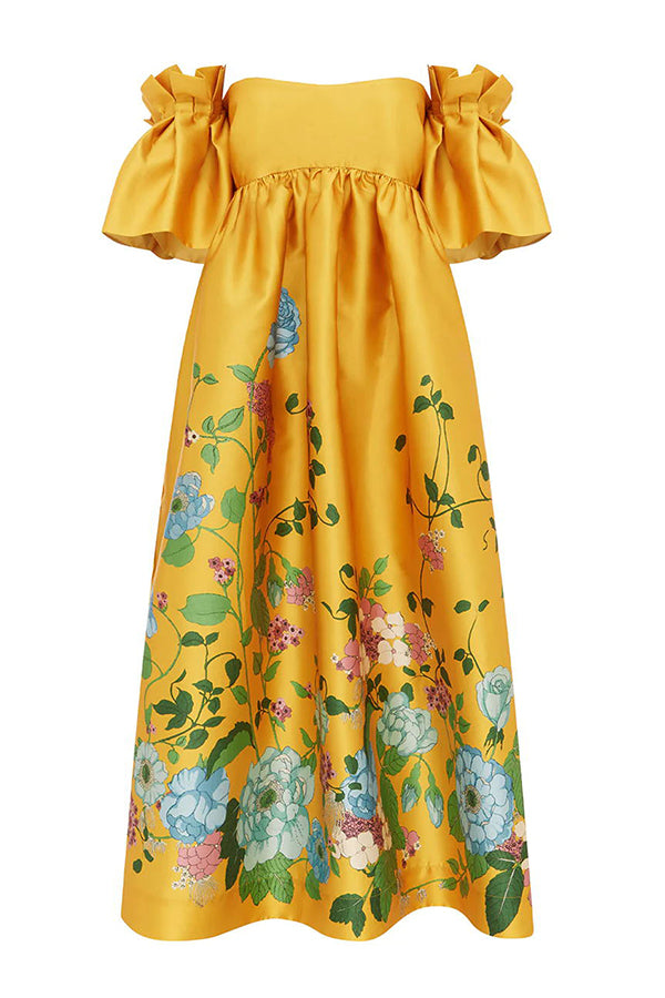 Floral Print Cold Shoulder Ruffle Sleeve Empire Waist Pocket Midi Dress