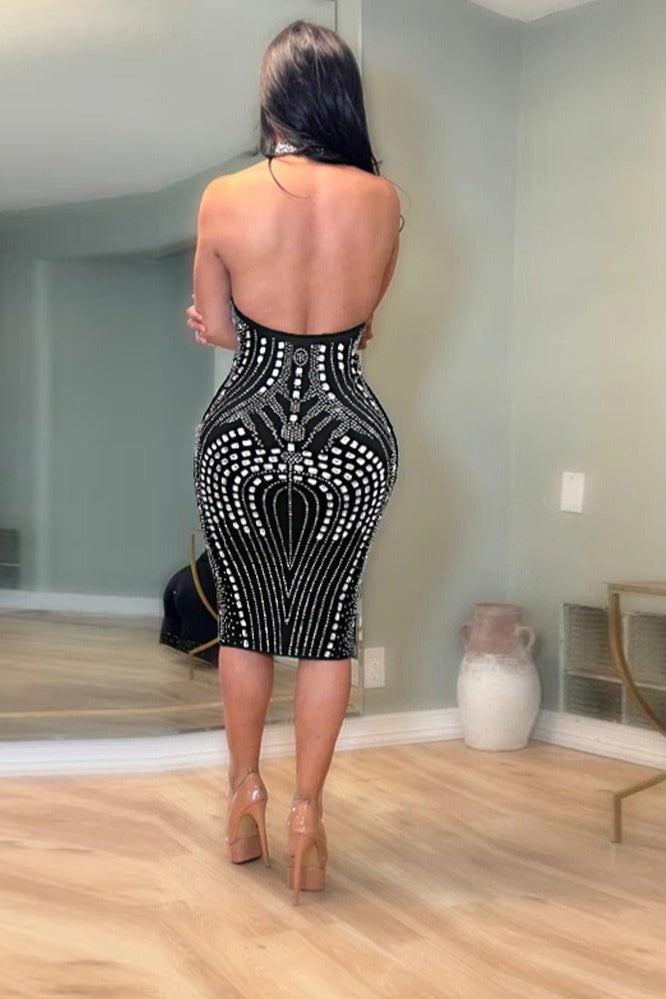 Rhinestone Mesh High Neck Sheer Panel Bodycon Midi Cocktail Dress