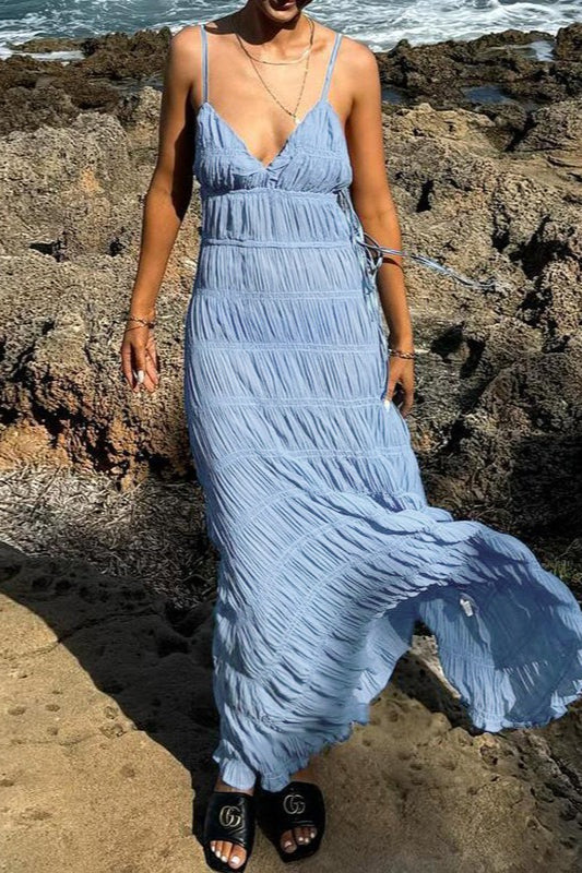 Pleated Crinkle Deep V-Neck Side Tie Tiered Maxi Dress