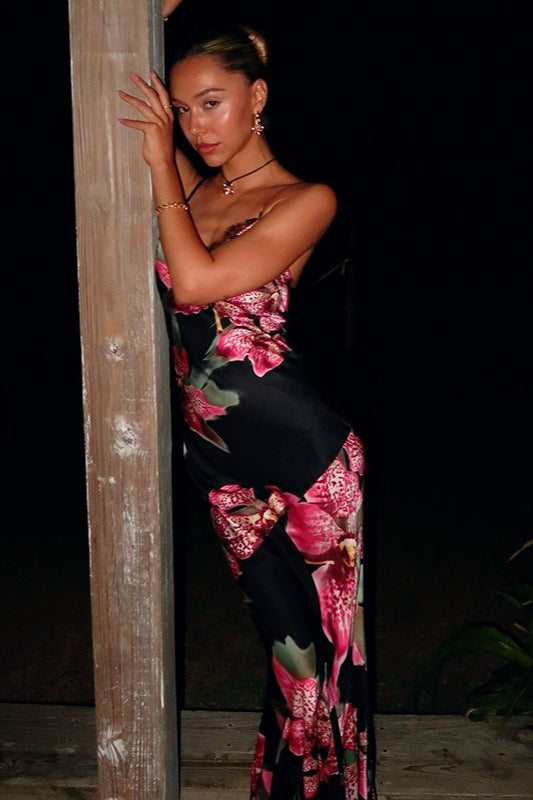 Floral Print Satin Spaghetti Strap Deep V-Neck Lace Trim Slip Maxi Dress