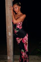 Floral Print Satin Spaghetti Strap Deep V-Neck Lace Trim Slip Maxi Dress