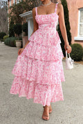 Square Neck Ruched Bust Toile Floral Print Tiered Maxi Dress