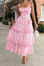Square Neck Ruched Bust Toile Floral Print Tiered Maxi Dress