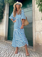 Boho Maxi Smock Dress for Women - Tiered Floral V Neck Lantern Sleeve Long Dress - Summer Beach Holiday 2026