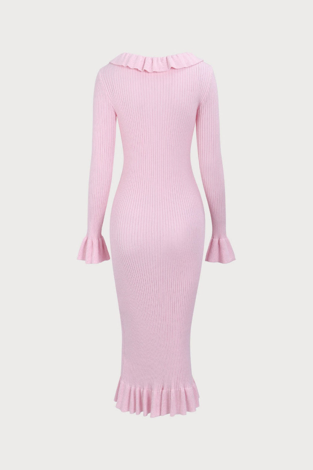 Ruffle Scoop Neck Ribbed Knit Button Front Flare Cuff Midi Dress