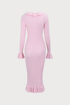 Rib Knit Ruffle Trim Button-Front Midi Dress
