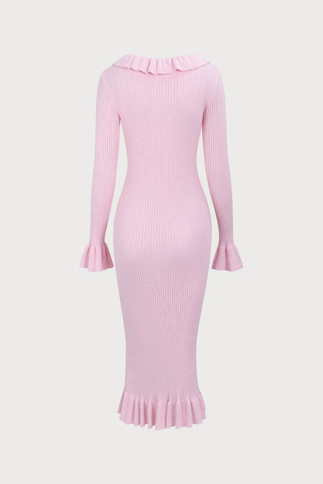 Rib Knit Ruffle Trim Button-Front Midi Dress