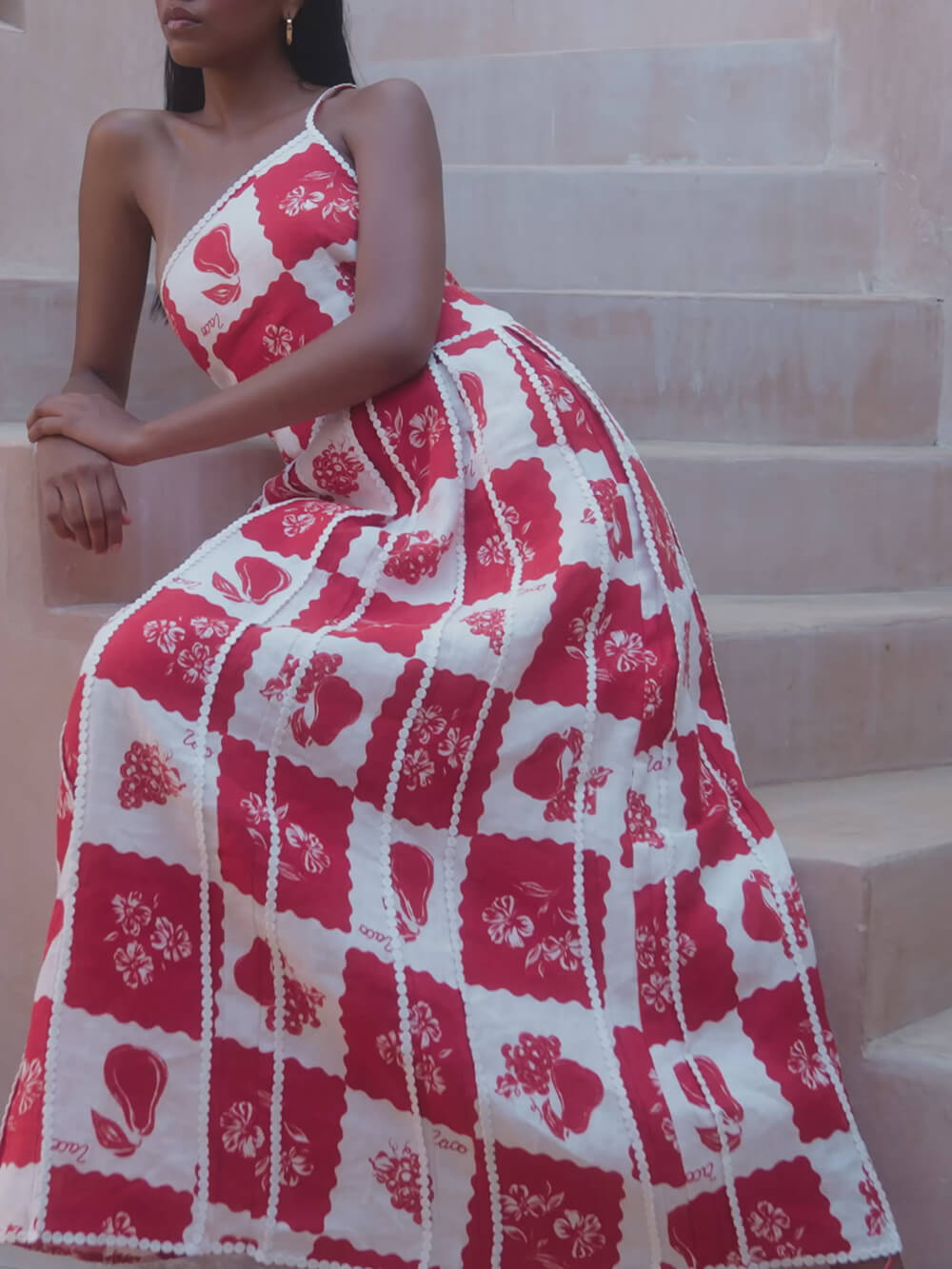 One Shoulder Spaghetti Strap Scalloped Trim Fruit Print Patchwork Maxi Dress